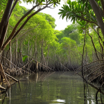 A lush mangrove forest with sunlight filtering through the leaves, showcasing its dense root system. In the background, visualize a carbon credit trading market interface with rising values, symbolizing the economic benefits of mangrove conservation. Include diverse wildlife like birds and fish to highlight the ecosystem's biodiversity. The overall tone should be vibrant and hopeful, emphasizing the financial value and ecological importance of mangrove forests.