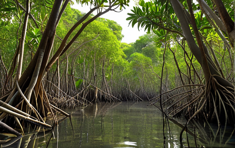 A lush mangrove forest with sunlight filtering through the leaves, showcasing its dense root system. In the background, visualize a carbon credit trading market interface with rising values, symbolizing the economic benefits of mangrove conservation. Include diverse wildlife like birds and fish to highlight the ecosystem's biodiversity. The overall tone should be vibrant and hopeful, emphasizing the financial value and ecological importance of mangrove forests.