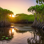 A serene mangrove forest at sunset, highlighting its vibrant ecosystem and the crucial role it plays in protecting the coastline from rising sea levels.