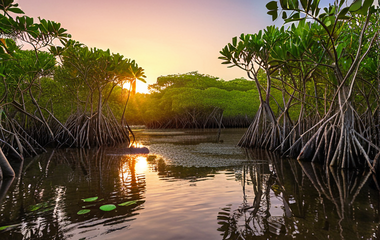 A serene mangrove forest at sunset, highlighting its vibrant ecosystem and the crucial role it plays in protecting the coastline from rising sea levels.